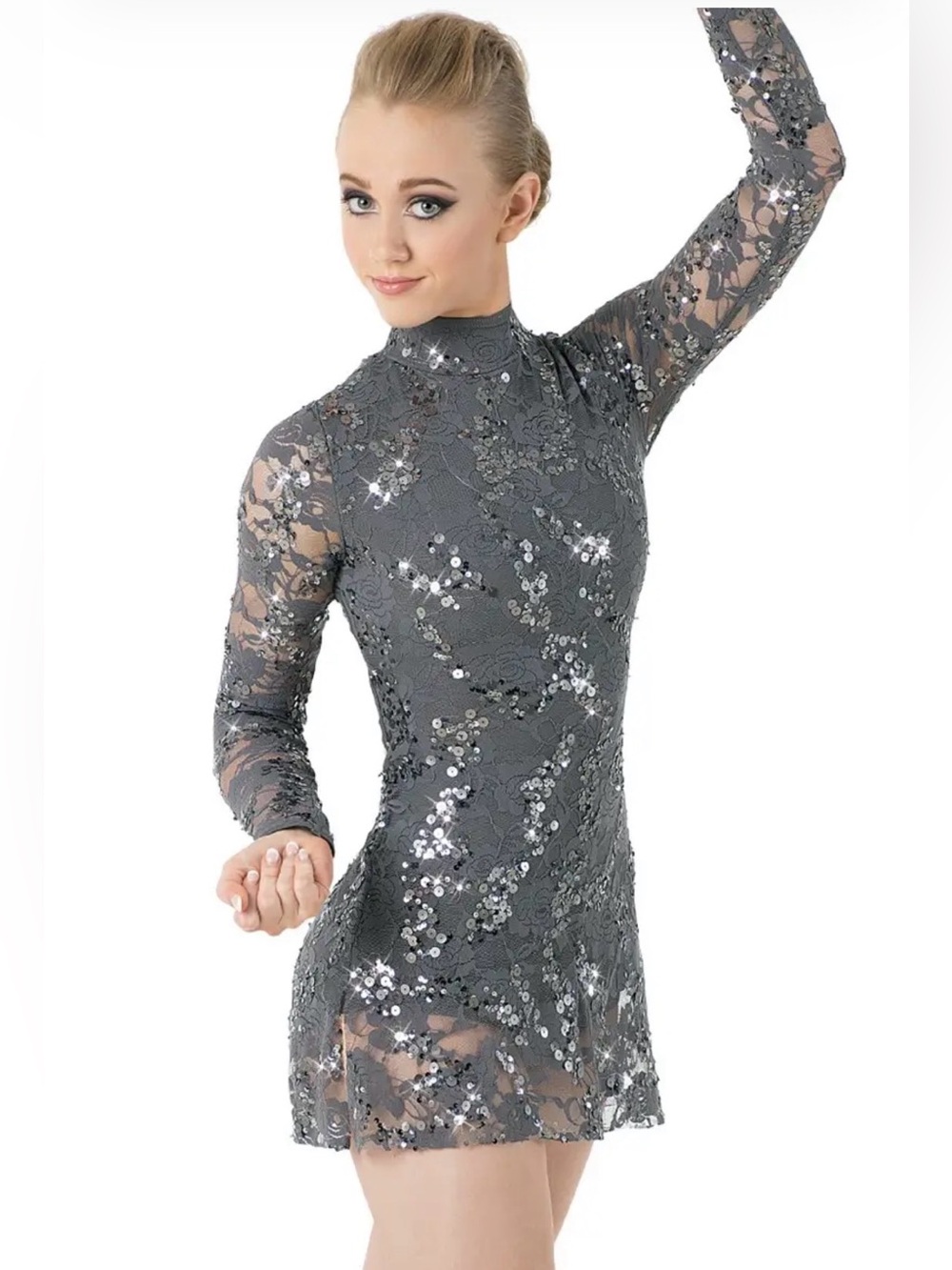 Balera Performance Streak Lace Mock Neck Dress D10125 SILVER